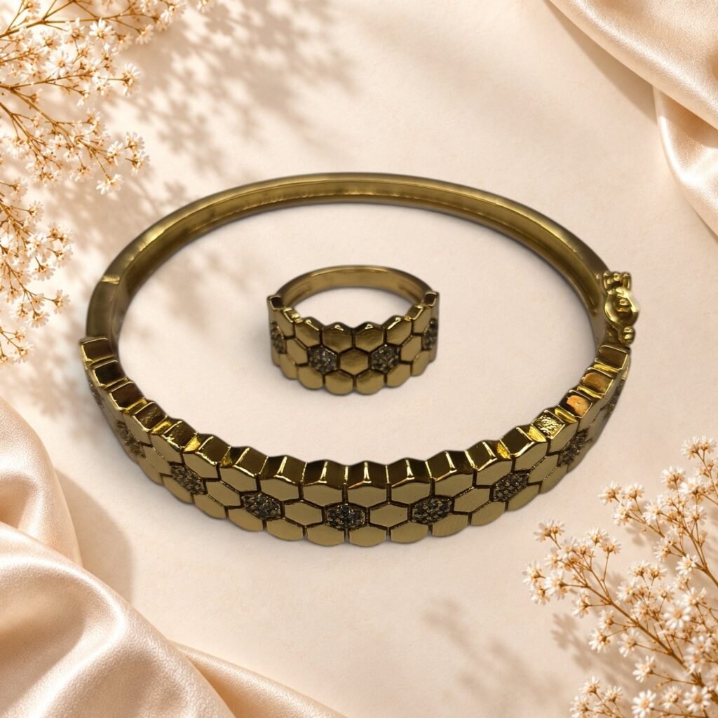Ensemble bracelet et bague Mélissa – motifs alvéolés