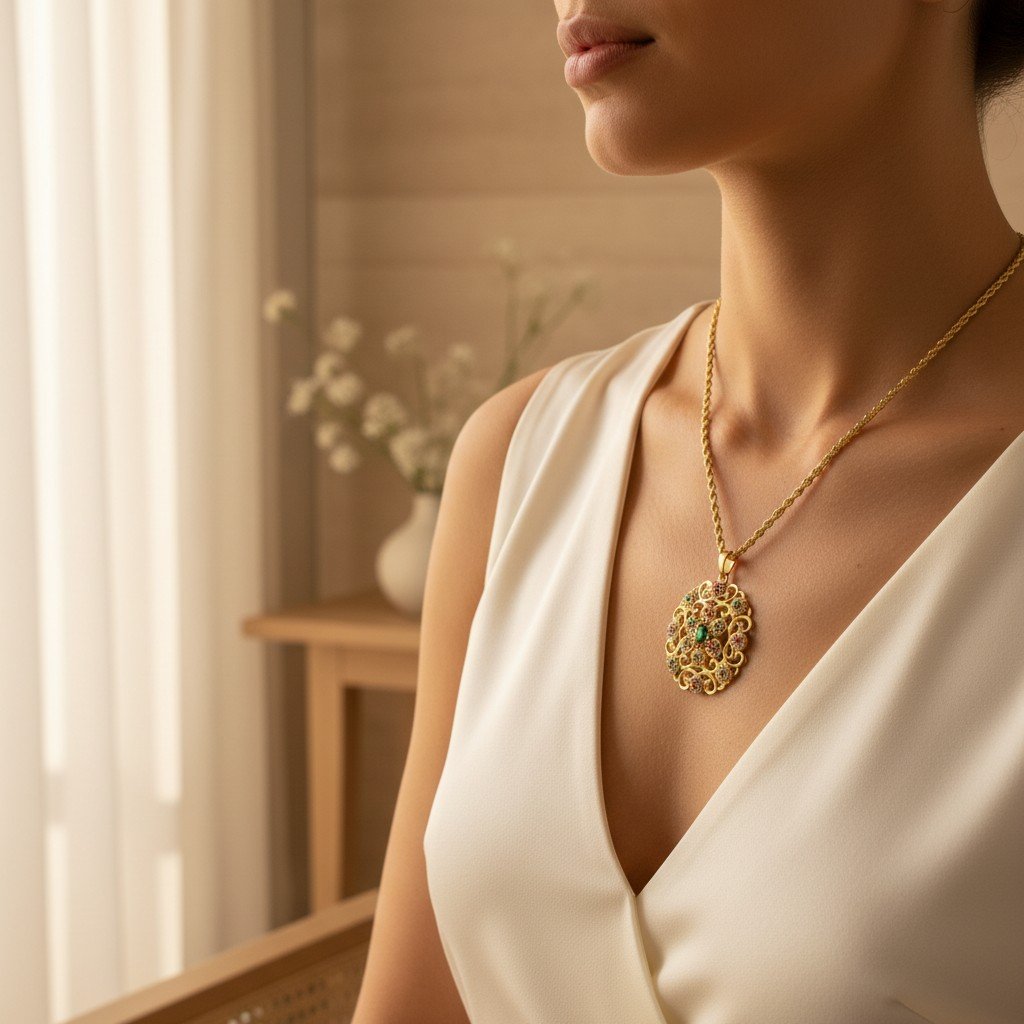 Collier Azélie – pendentif ajouré et pierre verte