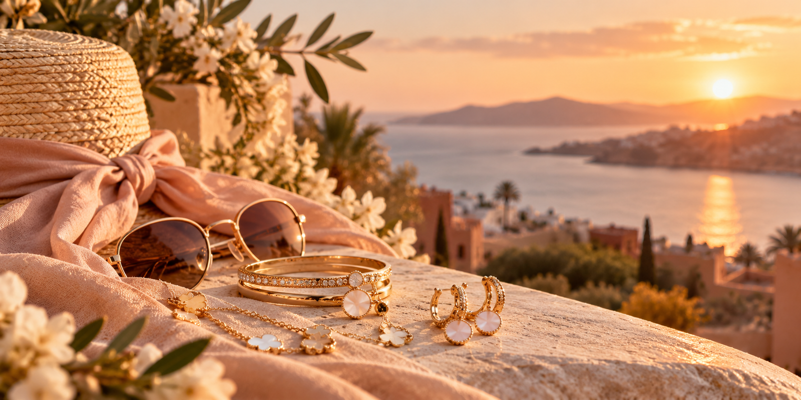 Bijoux dorés dans une ambiance de vacances au coucher du soleil